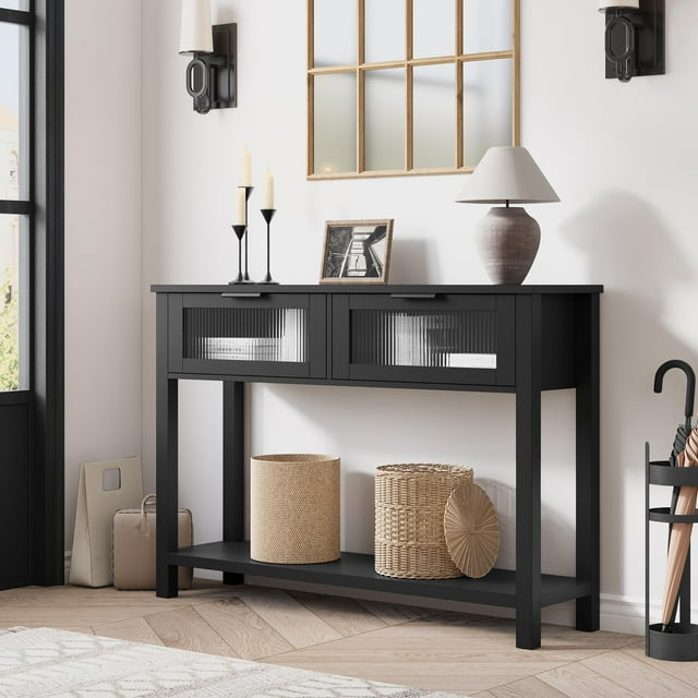 EDTara Table Console Étroite de 43 Pieds' avec 2 Tiroirs en Verre, Table de Sofa à 2 Niveaux pour Entrée, Table d'Appoint Moderne avec Rangement pour Salon, Couloir, Vestibule