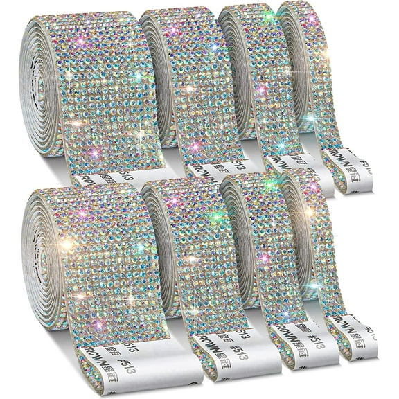 Self Adhesive Crystal Rhinestone Diamond Ribbon 8 Rolls 0.9cm Wide Total 8 Yards Multi-Functional DIY Decorative Bling Gemstone Arts Crafts Sticker Tape Glitter Shoes Clothes Assorted