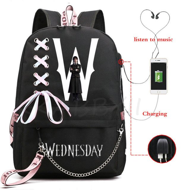 Wednesday Addams Backpack USB Charge Anime Cosplay School Bags for Boys Girls Gift Capacity Laptop School Mochilas qiuyongming unisex