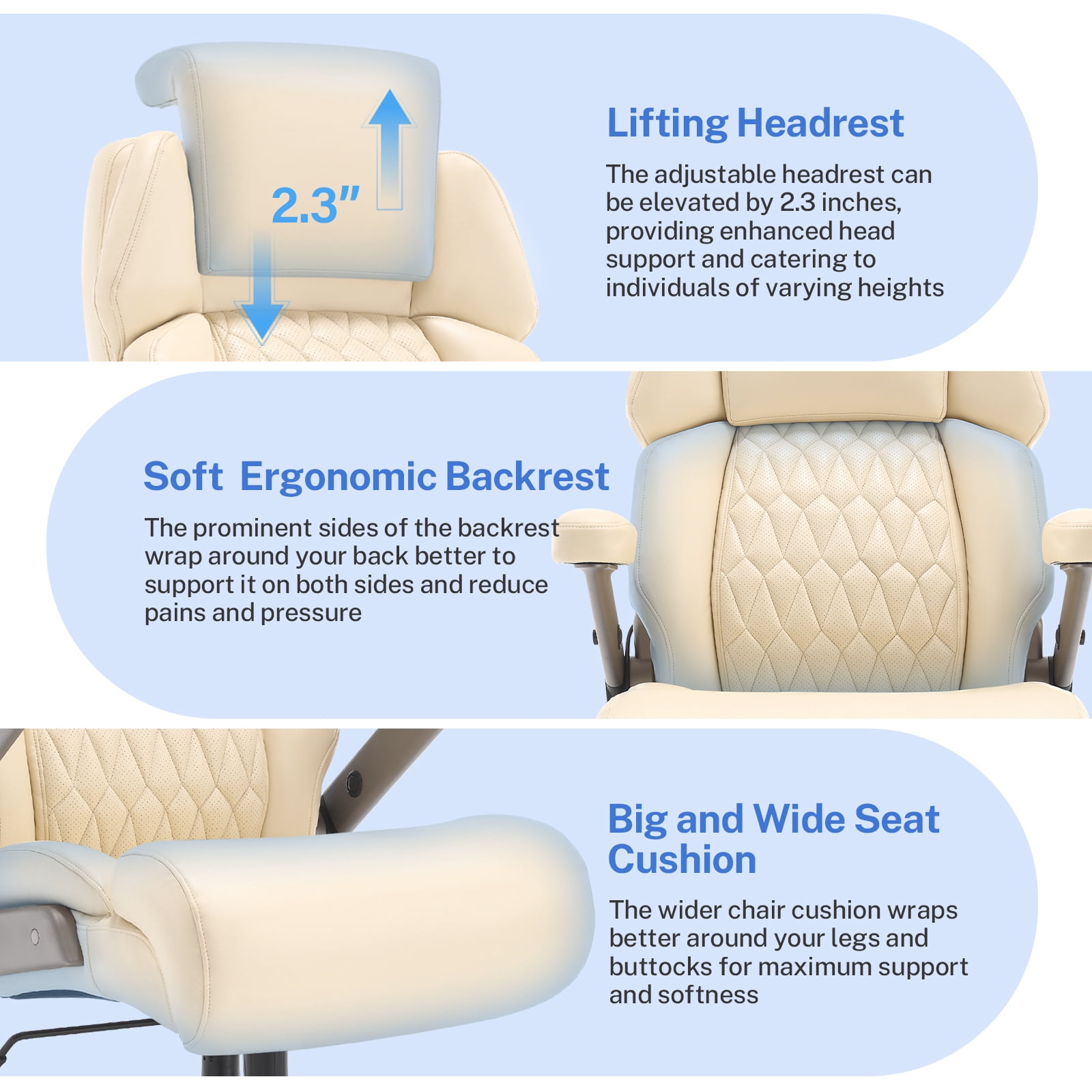 WOSDOM 700lbs Big and Tall Office Chair, Heavy Duty Executive Chair, Extra Wide Seat, Adjustable Headrest and Lumbar Support, 3D Flip up Arms, Beige
