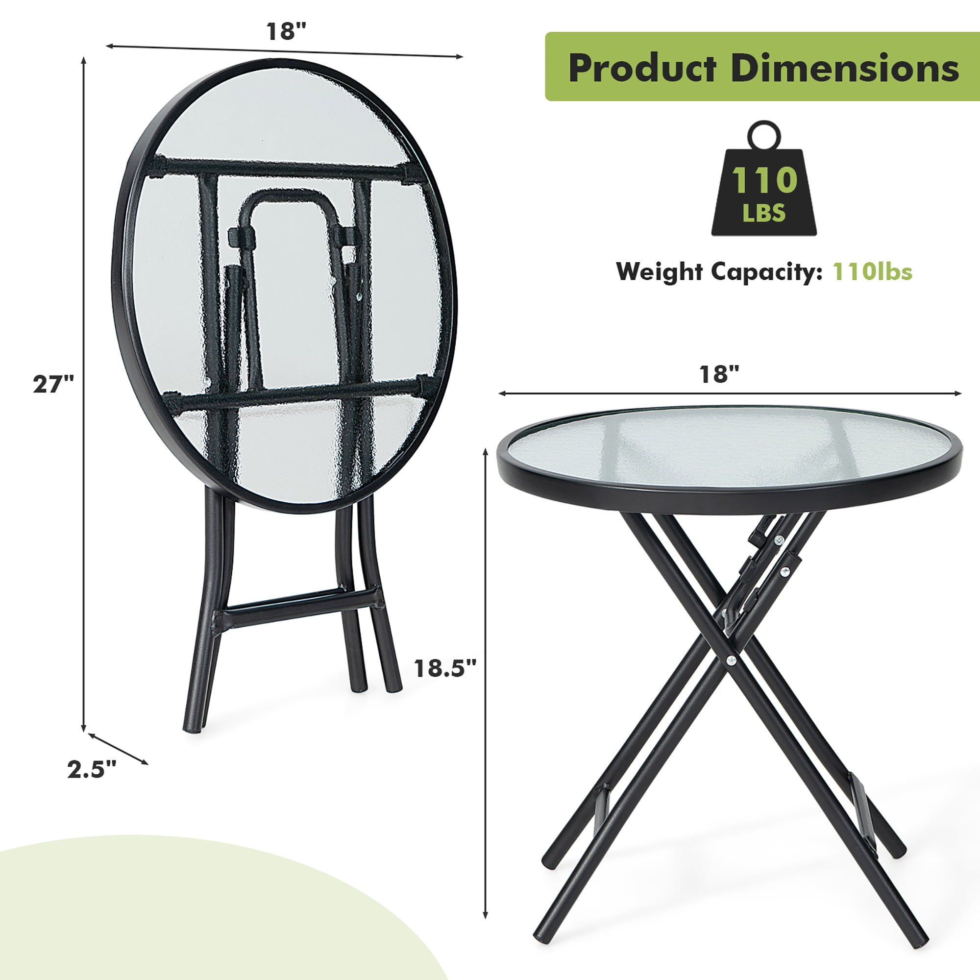 Costway Patio Folding Round Glass Side Table Bistro Coffee Table Plant Stand