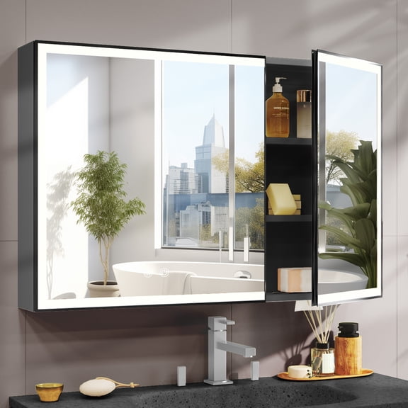 Teousev Bathroom Cabinet with Mirror & LED Lights, Wall-Mounted Medicine Cabinet w/ Defogger, Dimmable, Memory Function, 31.5"x23.6", Black