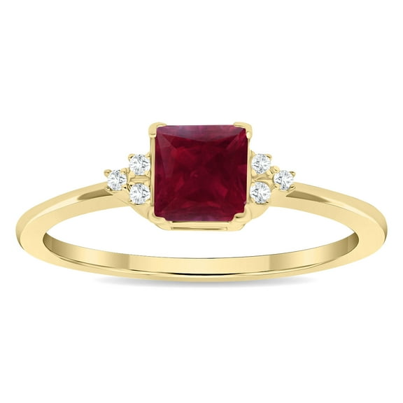 SZUL Women's Square Shaped Ruby and Diamond Half Moon Ring in 10K Yellow Gold