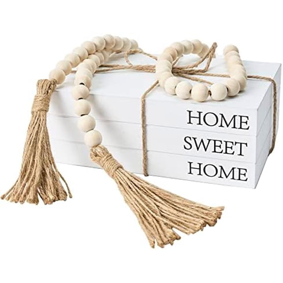 Decorative Books for Home Decor, White Faux Books for Decoration, Rustic Farmhouse Stacked Display Books with 52in Wood Bead Garland for Coffee Tables Living Room, (Home Sweet Home)
