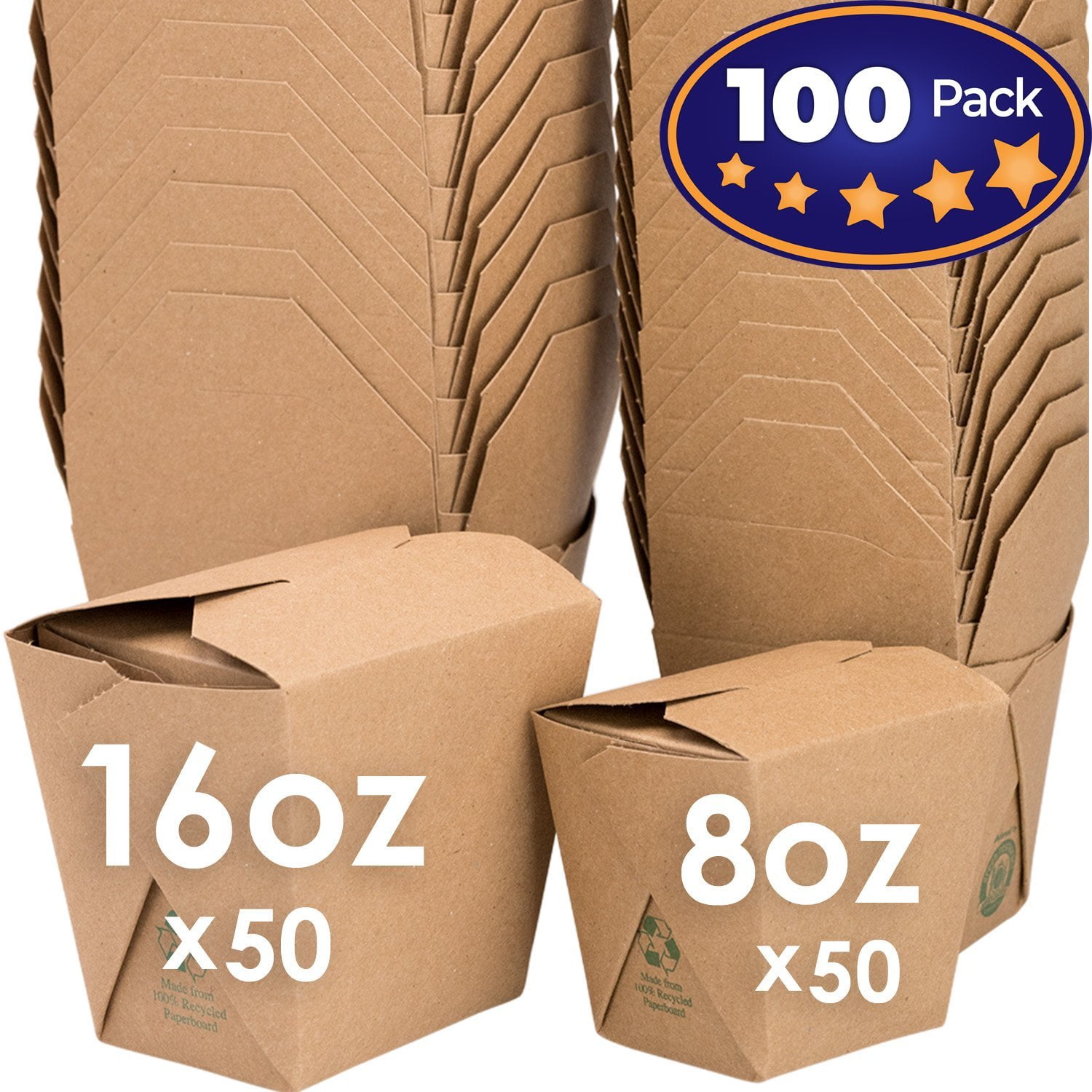 Microwavable Brown Chinese Take Out Boxes. 100 Pack by Avant Grub 50 Each of 16 oz and 8 oz