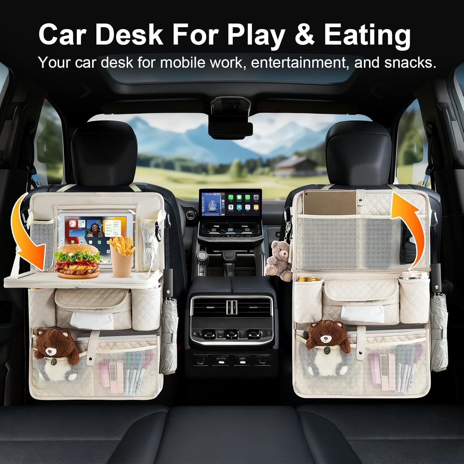 Car Backseat Organizers 2 Pack with Foldable Trays - PU Leather Back Seat Organizers with 11 Storage Pockets, Tablet Holders, Seat Back Protectors for Kids Family Travel Accessories (Beige)