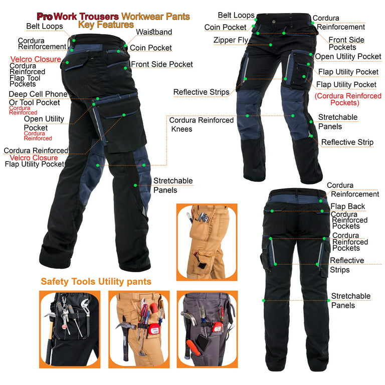 Mens Construction Pants Utility Work Heavy Duty Workwear Trousers Carpenter  Knee Reinforcement Cordura Safety Pants Black W40-L34