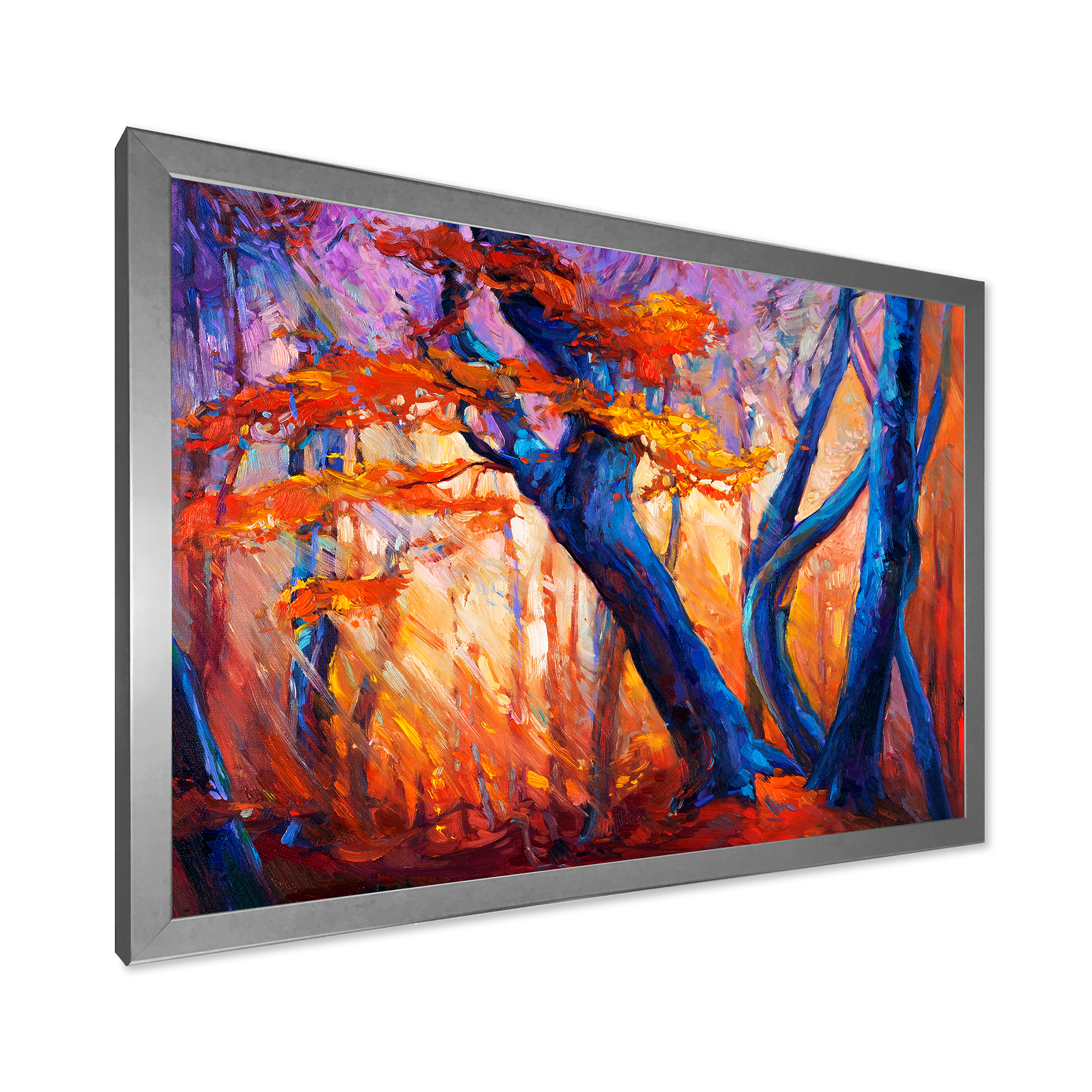 Designart 'Abstract Blue Silhouettes Of Trees In Orange Autumn Forest' Farmhouse Framed Art Print