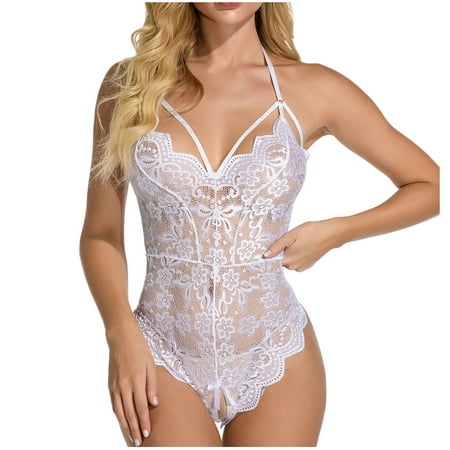 

DENGDENG Lace Snap Crotch One-Piece Bodysuit for Women Sexy Hollow Out Teddy Babydoll