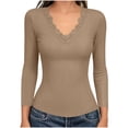 thumbnail image 5 of Ribbed Long Sleeve T Shirts for Womens Slim-fit Sexy Lace V Neck Blouses Stretchy Fitted Outdoor Y18K Tops, 5 of 7