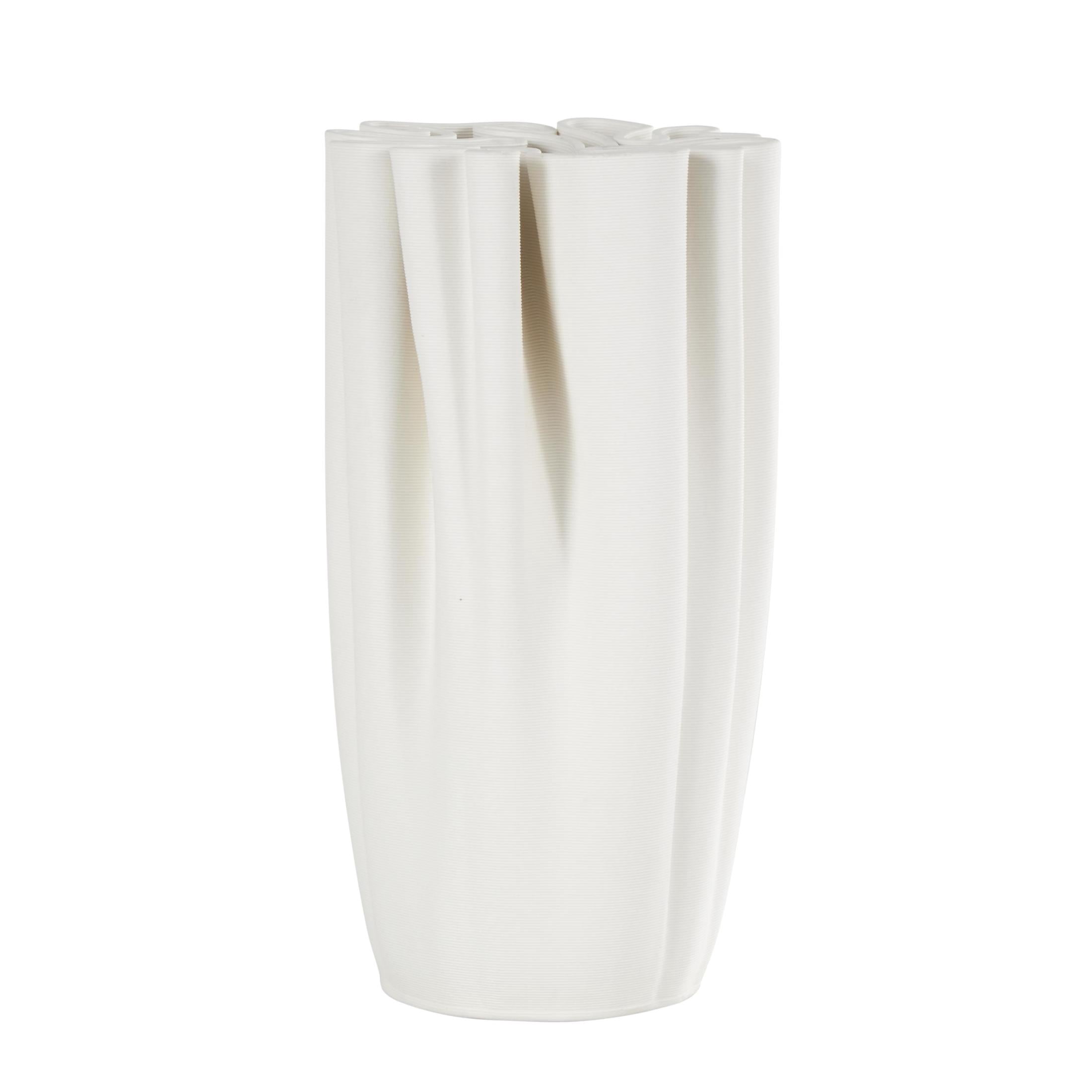 DecMode 10" Abstract Ribbed Dimensional Folded White Ceramic Vase with Compact Wavy Rim