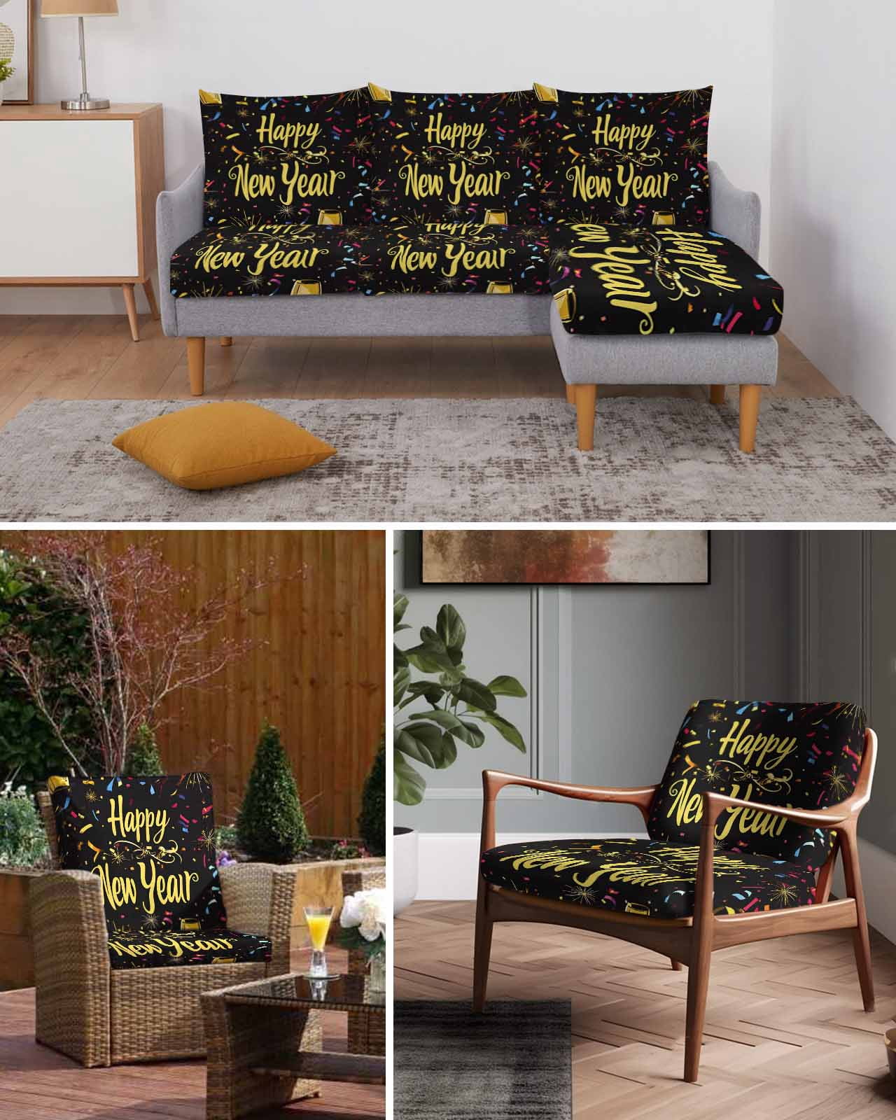 Happy New Year Couch Cushion Covers, Stretch Seat Cushion Covers for Sectional Sofa, Colorful Modern Abstract Art Individual Sofa&nbsp;Slipcovers Furniture Protector with Elastic&Straps Small 1Pcs
