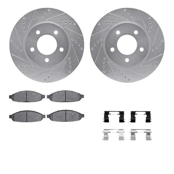Dynamic Friction Company Front Brake Rotors-Drilled and Slotted-Silver with 5000 Advanced Brake Pads includes Hardware 7512-39029