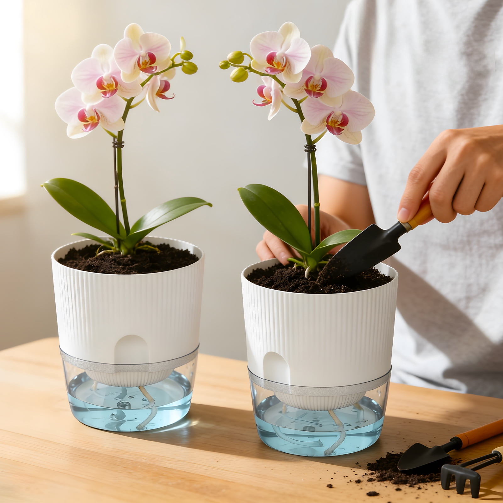 IWNTWY 5.7" Self Watering Pots, 4 Pack Plastic Planters with Deep Reservoir and Wicking Rope for Indoor Outdoor Plants