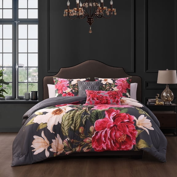 Bebejan Flower Garland 5 Piece Reversible Comforter Set, Queen, Grey, 100% Cotton Sateen, All Season, Cozy Comfort