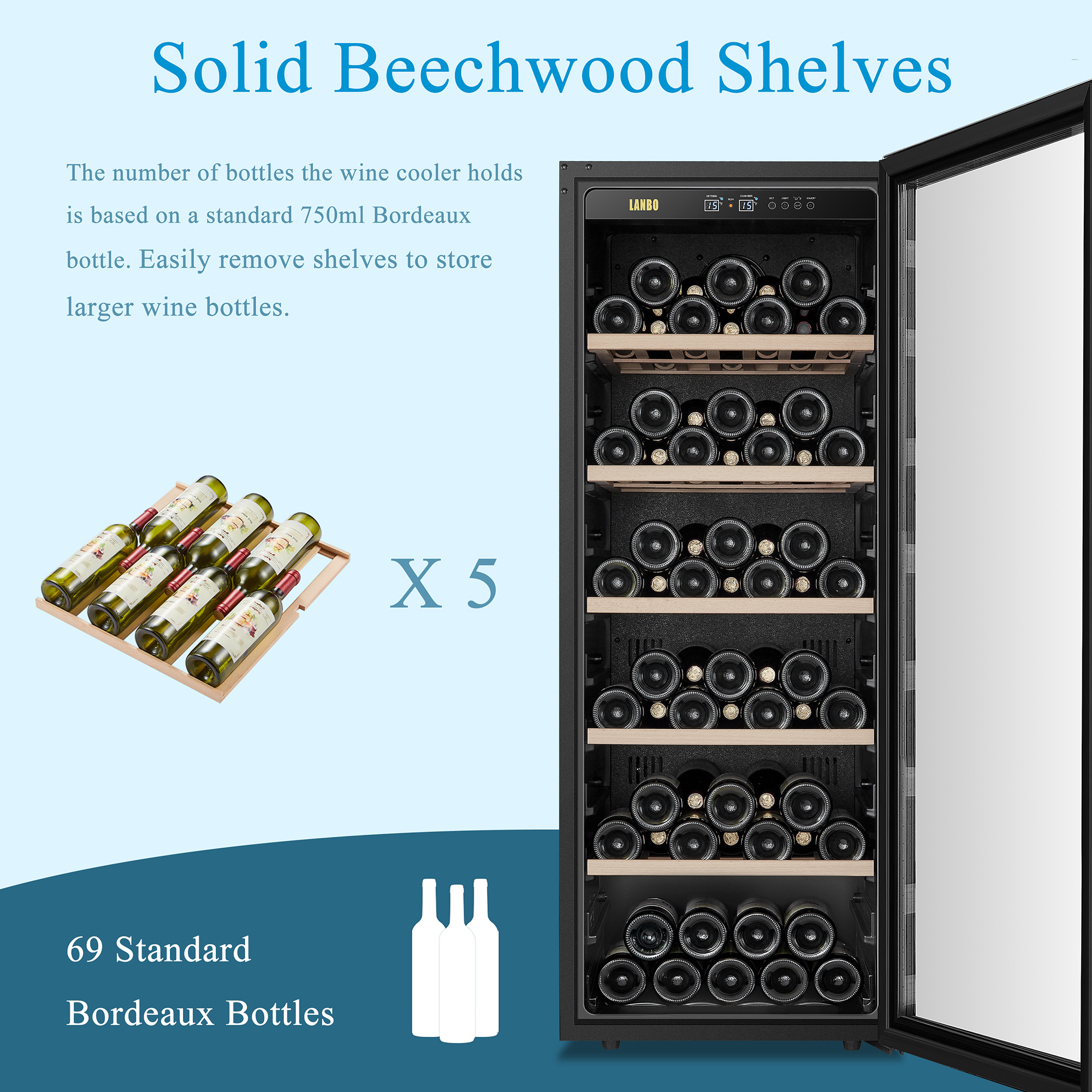 Lanbo 20 inch 69 Bottle Freestanding Single Zone Wine Cooler