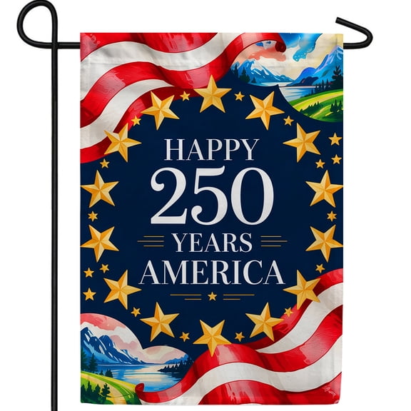 America Forever Happy 250 Years America Garden Flag, 12.5 x 18 inch Double Sided, Mountain Landscape Flag, USA Semiquincentennial, Patriotic 250th Anniversary Celebration