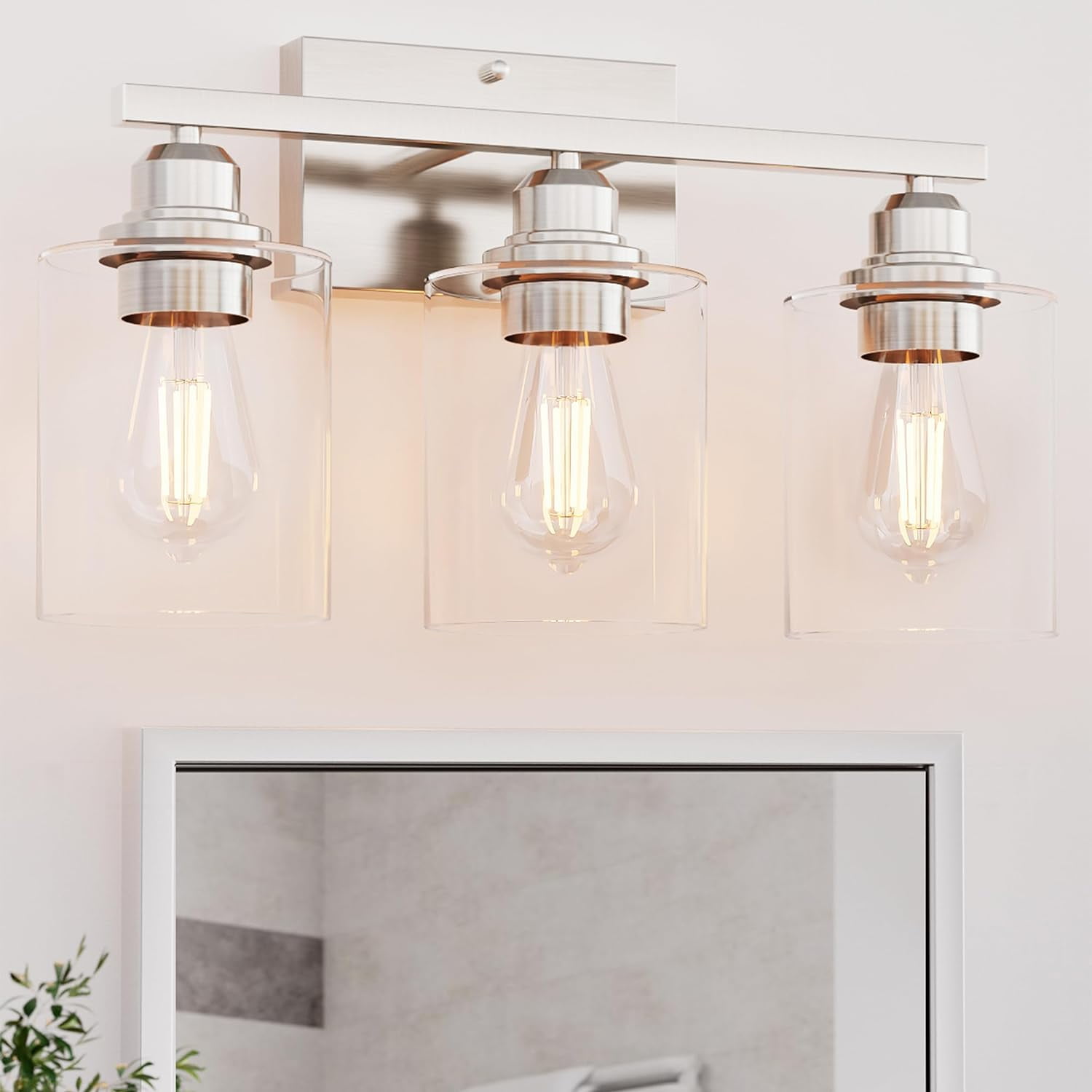 Linkthai Bathroom Light Fixtures Over Mirror, 3-Light Bathroom Vanity Light Brushed Nickel, Modern Vanity Lights for Bathroom with Clear Glass Lampshade, E26 Standard Base, Small Bathroom Light