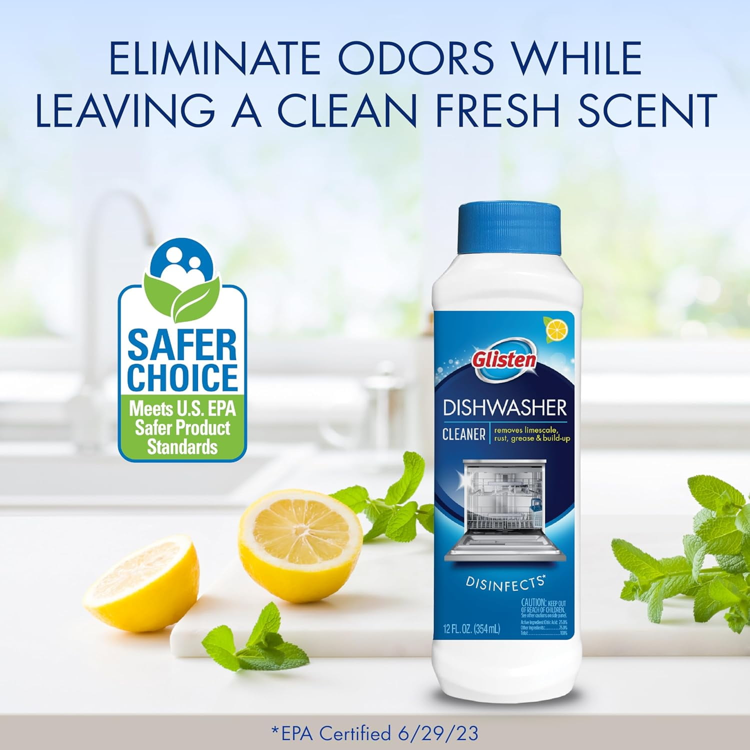 Glisten Dishwasher Cleaner, Removes Limescale, Rust, Buildup, and Grease, Lemon Scent, 12 Ounce Bottle, 6-Pack