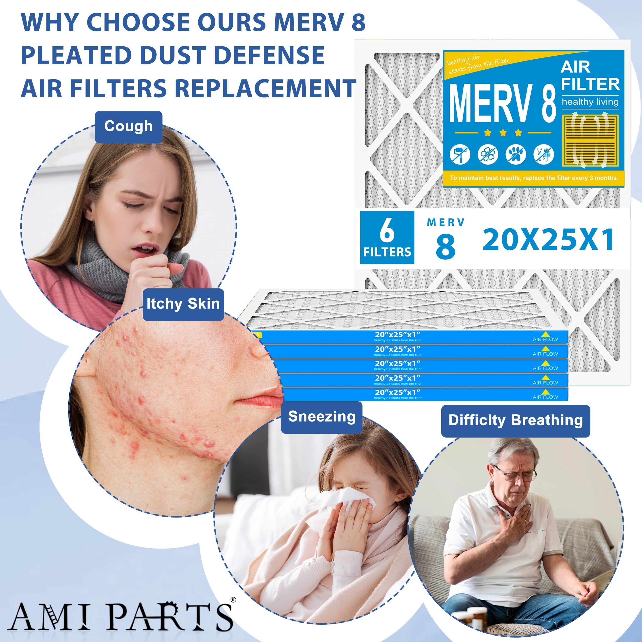 AMI PARTS 20x25x1 Air Filter MERV 8 Superior Pet Protection , Electrostatic Pleated HVAC Furnace Filter Replacement,6-Pack