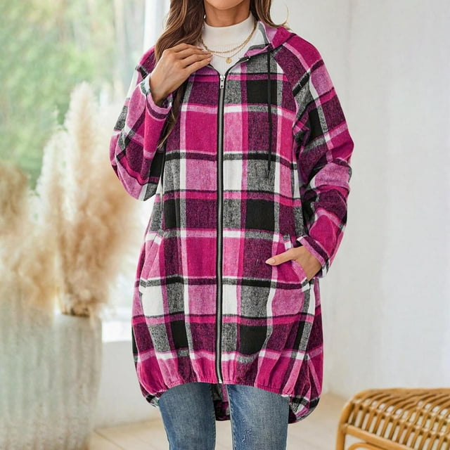 Plaid Shirts for Women Oversized Button Down Long Shacket Jacket Fall Flannel Hooded Trench Coats with Pockets