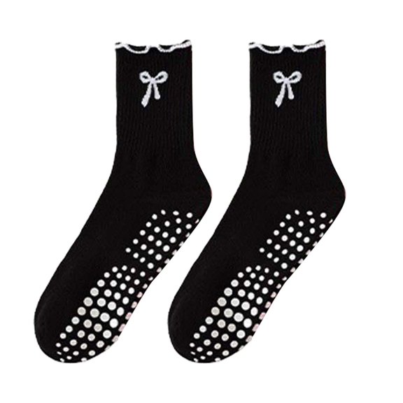 Yuanlong Women Socks Mid-Calf Yoga Non Dot Grip Socks Embroidery Bow Sports Fitness Hosiery
