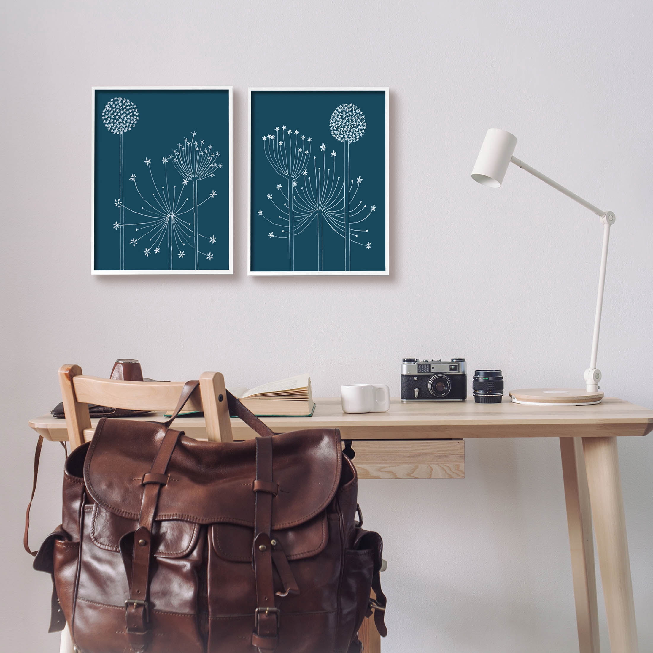 Stupell Industries Blooming Dandelions Line Drawing Graphic Art White Framed Art Print Wall Art, Set of 2, Design by Alicia Longley