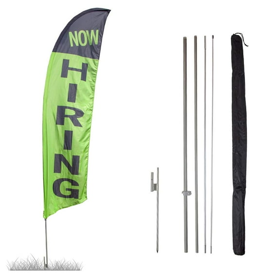 Vispronet Now Hiring Green and Black Flag, 13.5ft, Pole Set, Ground Spike