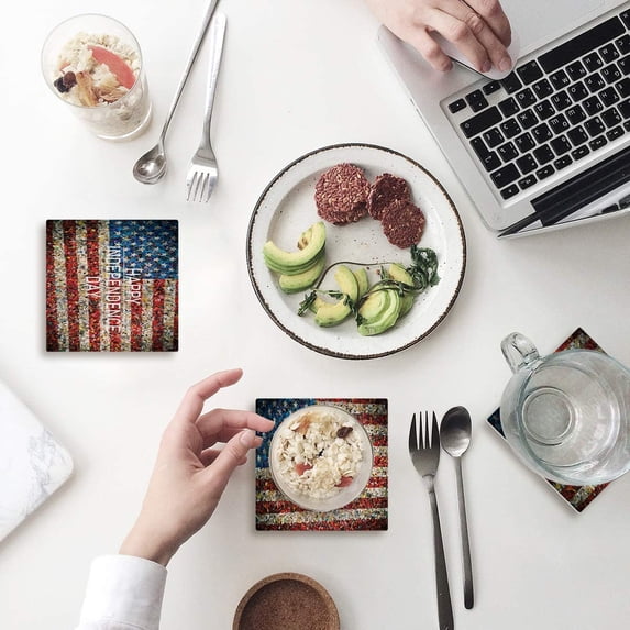 FMSHPON Independence Day American Flag Set of 4 Coaster for Drinks, Absorbent Ceramic Stone Coasters Cup Mat with Cork Base for Home Kitchen Room Coffee Table Bar Decor