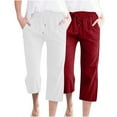 thumbnail image 3 of Frostluinai 2 Pack Cotton Linen Capri Pants for Women High Elastic Waisted Drawstring Solid Cropped Pants with Pockets, 3 of 6