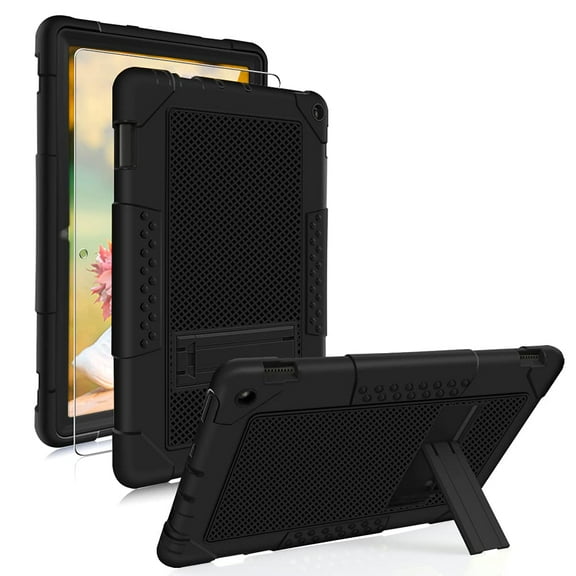 SOATUTO for Fire HD 10 10.1 inch/Fire HD 10 Plus Tablet 11th Gen 2021 Case With Tempered Glass Screen Protector Heavy Duty Kids Friendly Cover for Amazon Fire HD 10 HD 10 Plus - Black Black/1 Pcs