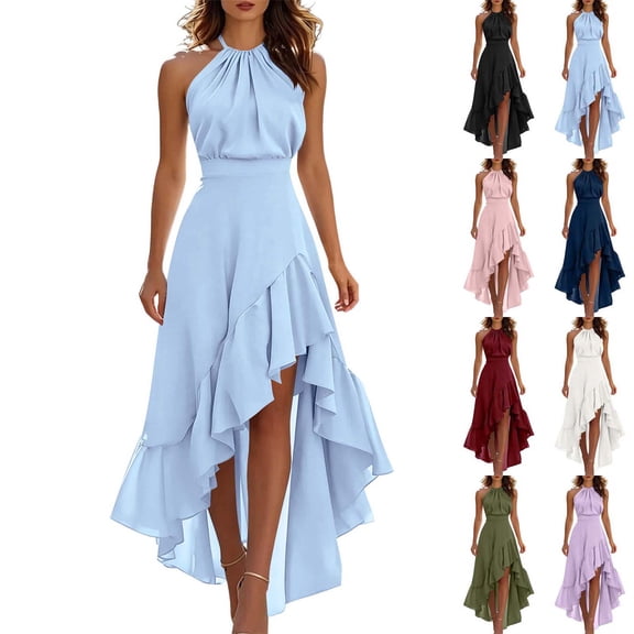 Xaqiouau Womens Halter Neck High Low Maxi Dress Sleeveless Ruffle Hem Chiffon Cocktail Party Wedding Guest Evening Dress Flowy A Line Dresses