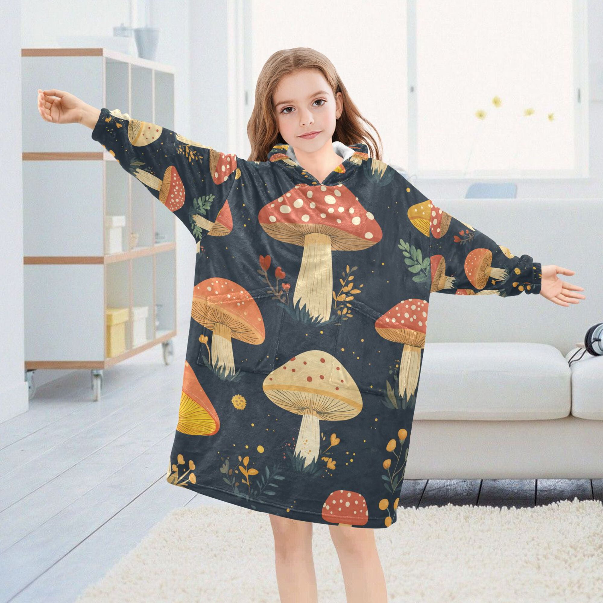 FORMRS Wearable Blanket Hoodie with Sleeves for Kids Cozy Flannel Sweatshirt, Black Mushroom Pattern