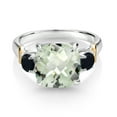 thumbnail image 2 of Gem Stone King 925 Silver and 10K Yellow Gold Green Prasiolite and Black Onyx 3 Stone Ring for Women (4.19 Cttw, Gemstone Birthstone, Cushion Checkerboard 10MM, Round 4MM, Size 6), 2 of 3