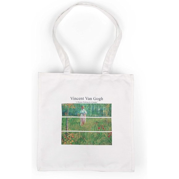 shiyou-Vincent Van Gogh Canvas Tote Bag, A Woman Walking In A Garden Tote Bag, zipper & a pocket, women & girls, college & office bag, White, Free Size