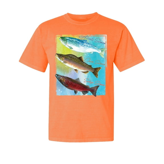 Wild Bobby, Atlantic Chum Sakeye Salmon, Fish, Trio Garment-Dyed Washed Look Short Sleeve Tees, Neon Orange, Medium