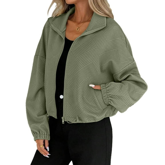 Women's Fashionable Solid Color Long Sleeved High Neck Zipper Hem Drawstring Pocket Loose Baseball Jacket