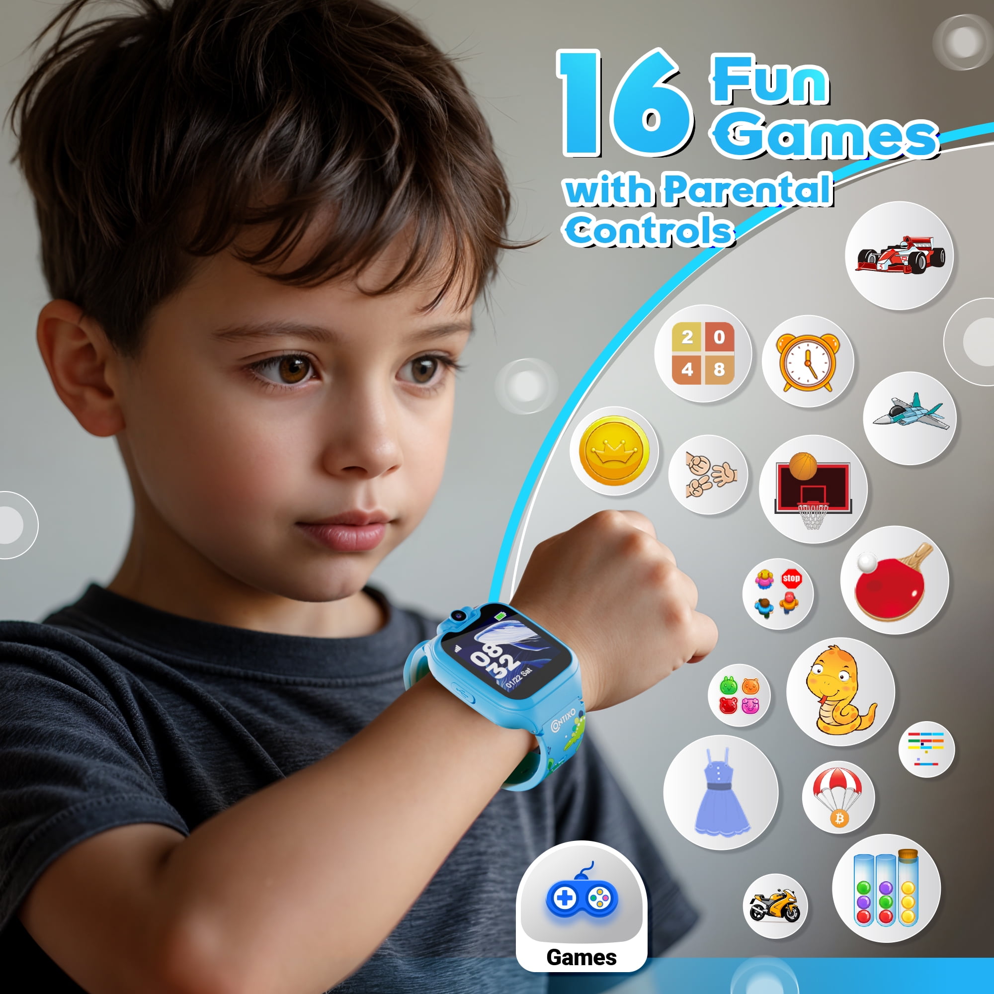 Contixo Kids Smart Watch with 1.54” HD Touch Screen, Kids Watch with 16 Educational Games and Rotating Camera, Blue