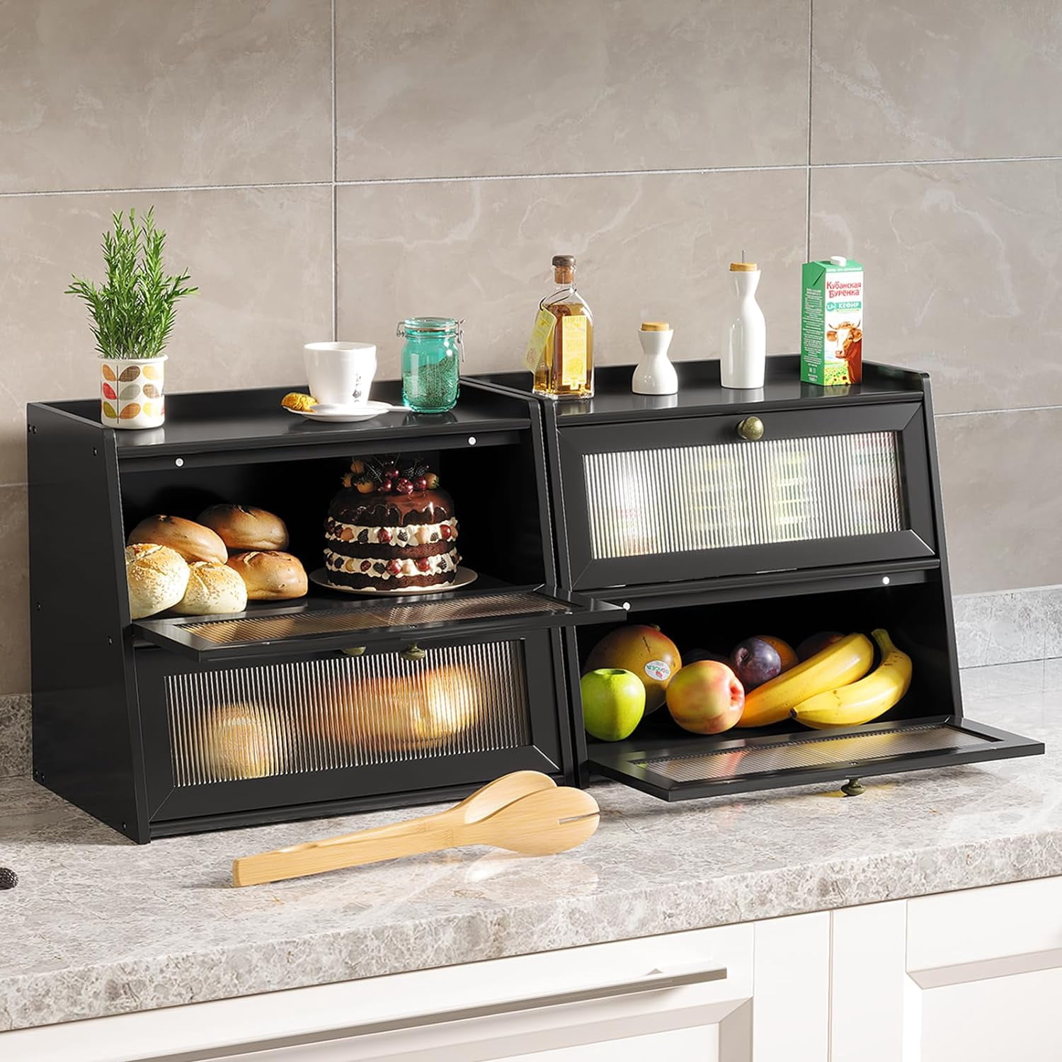 BALANBO Double Layer Large Bamboo Bread Box for Kitchen Counter, Wooden Large Capacity Bread Storage Bin with Window Bread Holder (Black)