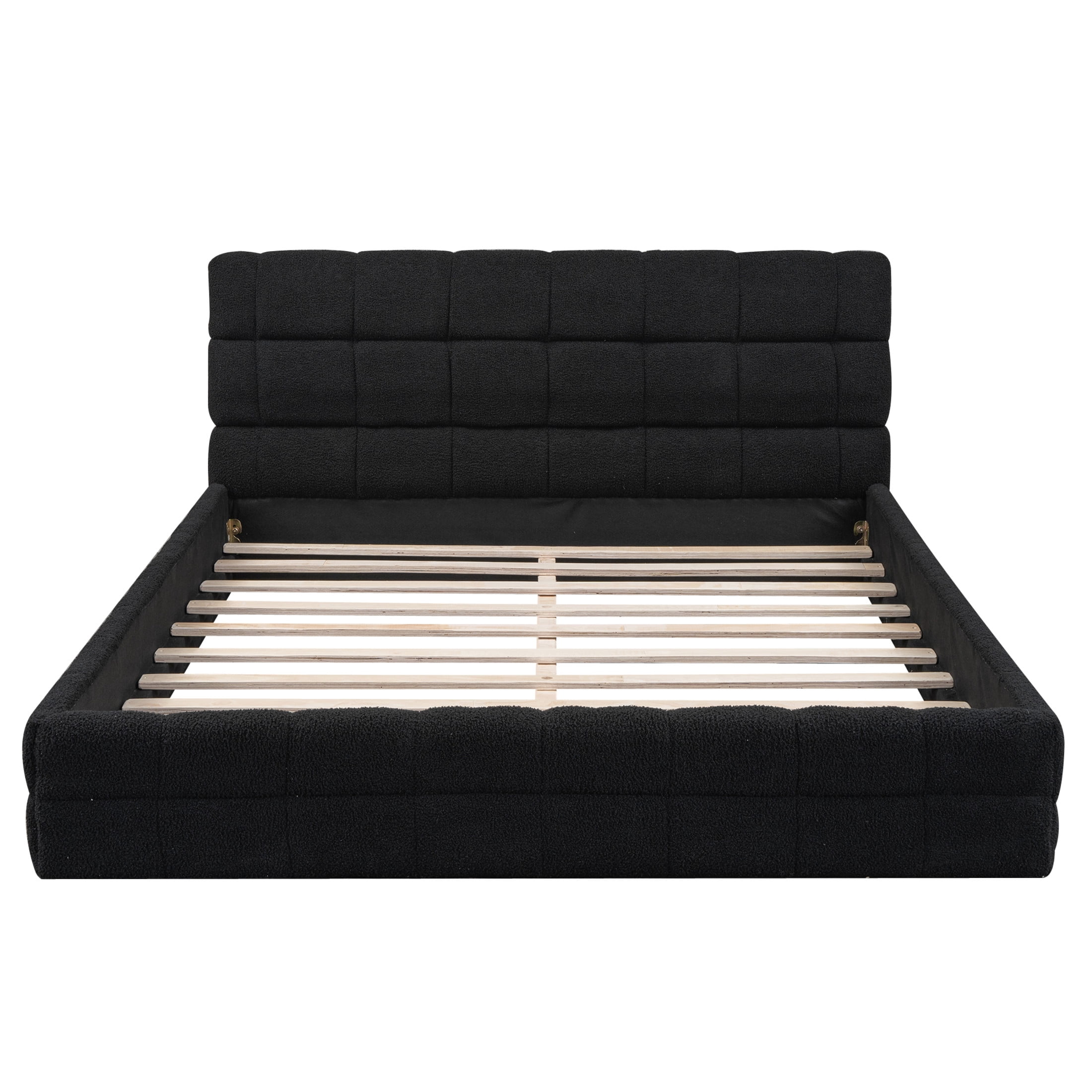Noble House Queen Upholstered Platform Bed, Modern Velvet Headboard with Wood Slats Support, Bedroom Bed Frame, Black