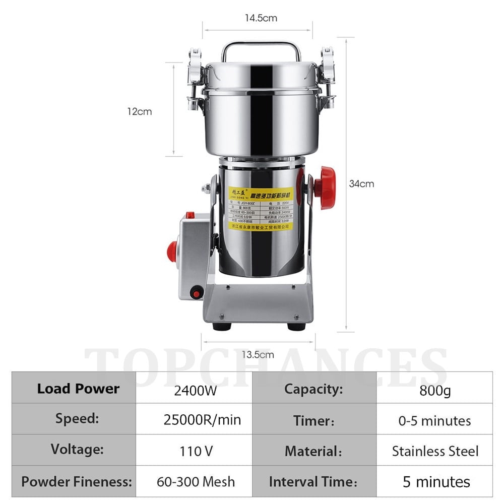 TOPCHANCES 800g Commercial Spice Grinder Electric Herb Grain Mill Grinder 2400W High Speed Pulverizer