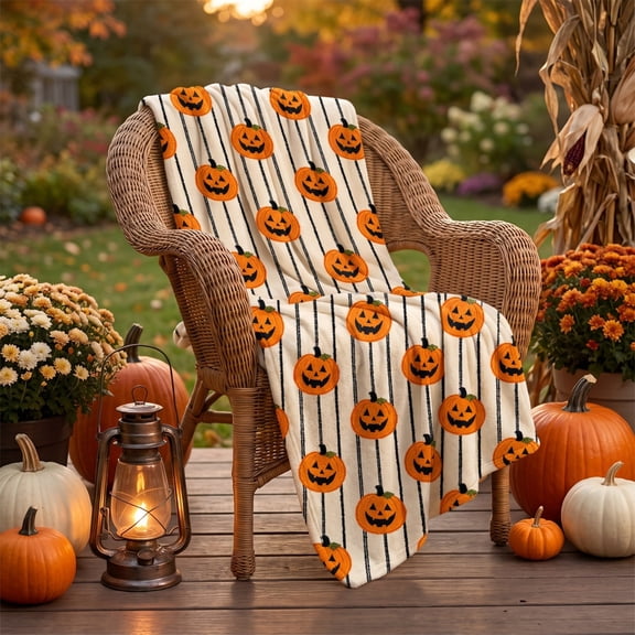 QuanTara Halloween Pumpkin Throw Blanket, 39"x27" Soft Flannel Fleece, Black & Cream Striped Fall Decor, Lightweight Lap Blanket for Couch, Sofa, Bed