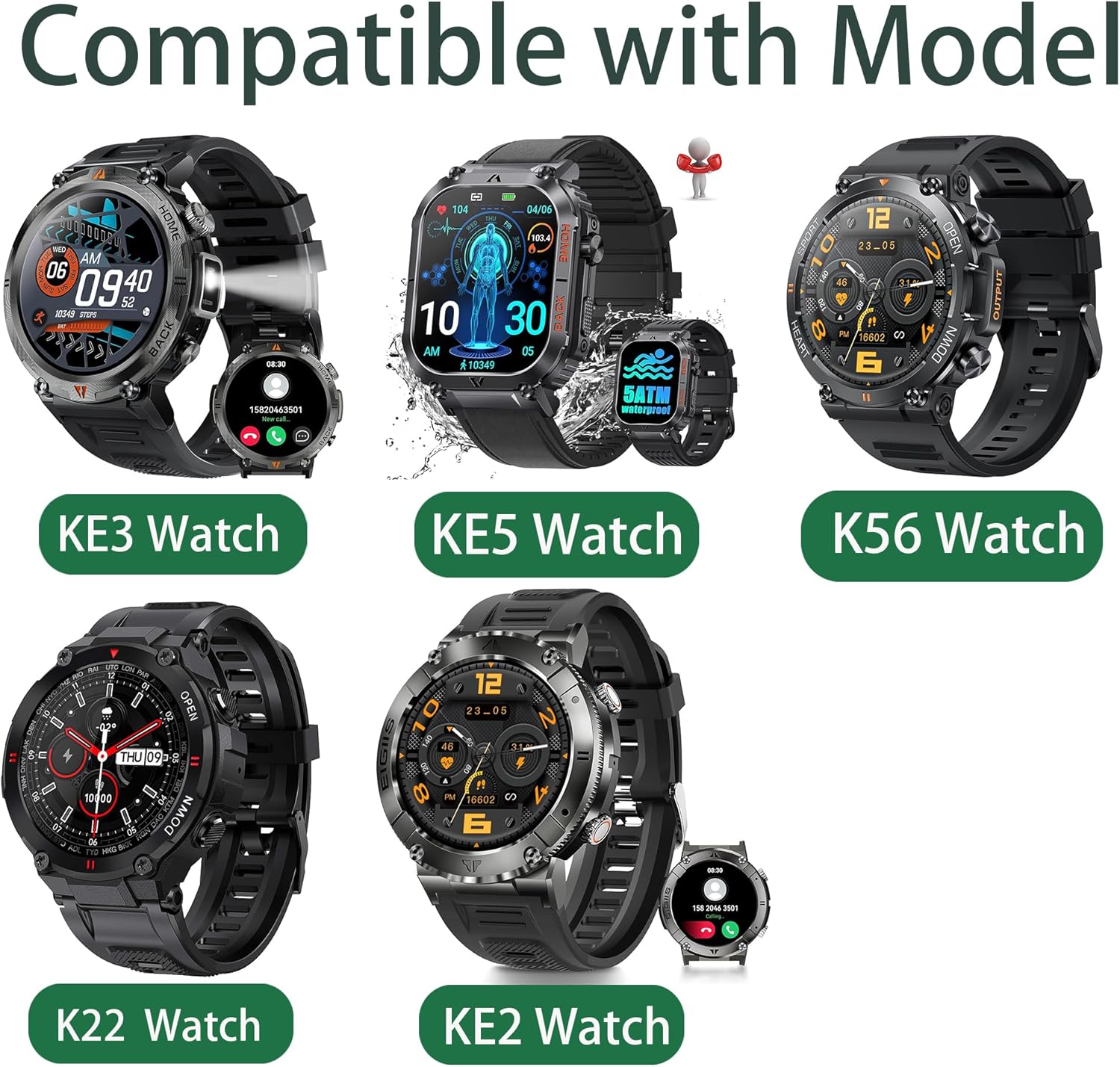 CRKMGS-Compatible for EIGIIS KE3 Smartwatch Bands, Sports Silicone Band Strap Replacement Wristband Compatible with KE2, KE3, KE5, KE6, K22, K27, K52, K55, K56, K57, DM50, HM09, I32, S35, S66 Militar