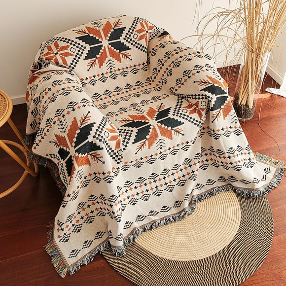 Aztec Blanket, Oversized Boho Throw Blanket with Fringe, Southwestern Geometric Tapestry Vintage Woven Throw Blankets, Double-Si (Orange maple leaves,130x180cm)