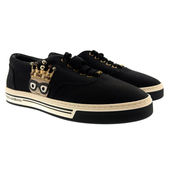 Dolce & Gabbana Men's Black Canvas Sneakers with Crown Cartoon Patch-EU39 for mens
