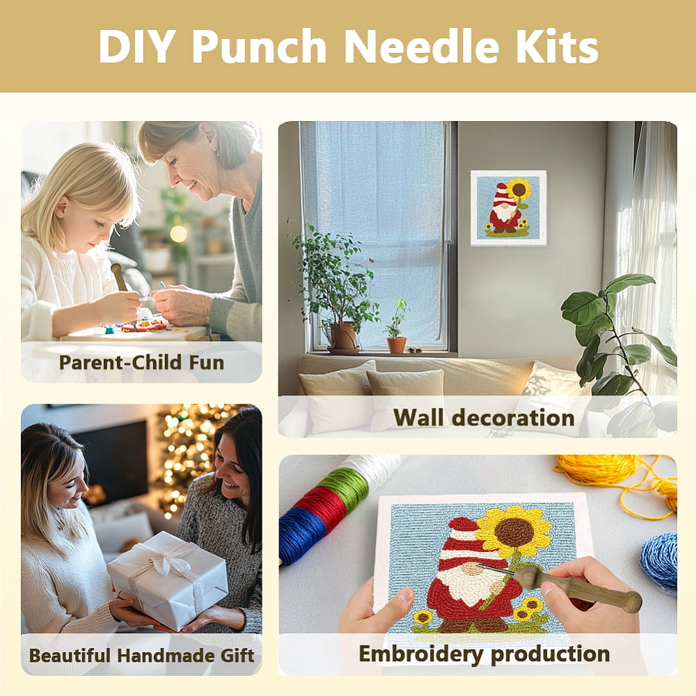 Polyester Cotton Punch Needle 4Folded Yarns Embroidery Kits Included Threader Cotton Thread Punch Needle Thread Clips 3.5MM Wooden Needle Gnome