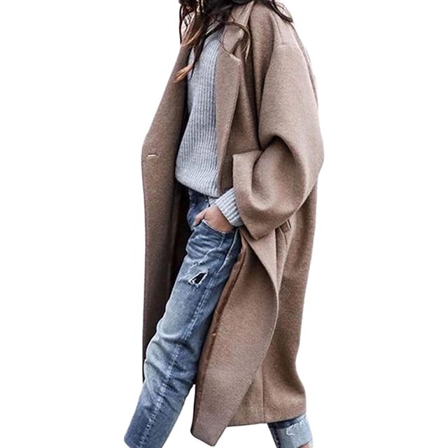 LinYooLi Women‘s Casual Lapel Button Long Solid Color Wool Blend Coat Loose Trench Coat Overcoat