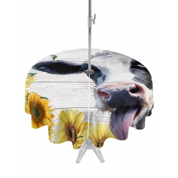 Outdoor Tablecloth with Umbrella Hole for Patio/Picnic/Party/Camping, Cow Sunflowers Waterproof Table Cloth Round Cover Washable, Farmhouse Animals Plants Wooden Grain (Dia 60")