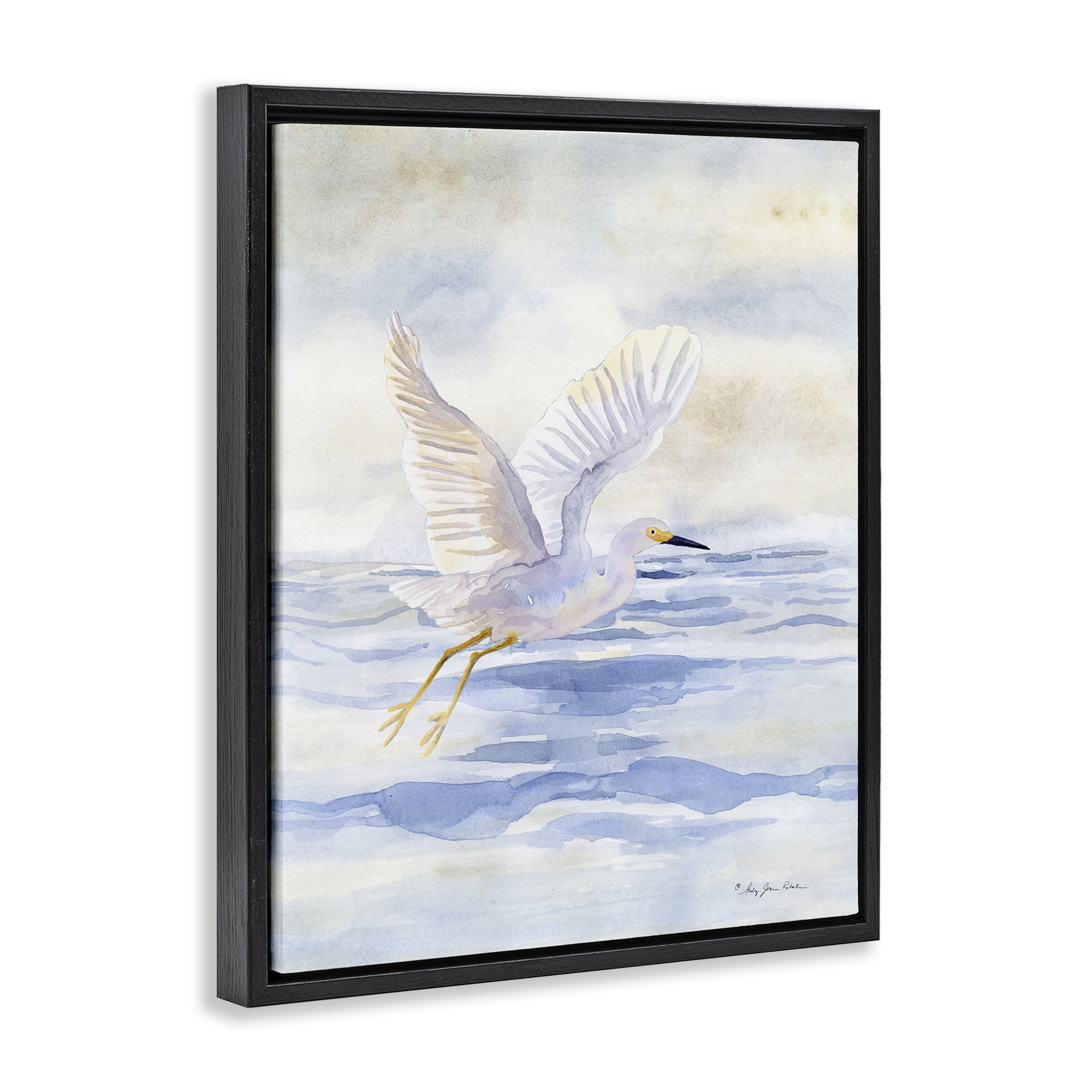 Stupell Industries Swan Flying Over Water Landscape Painting Black Floater Framed Canvas Art Print Wall Art, 25 x 31