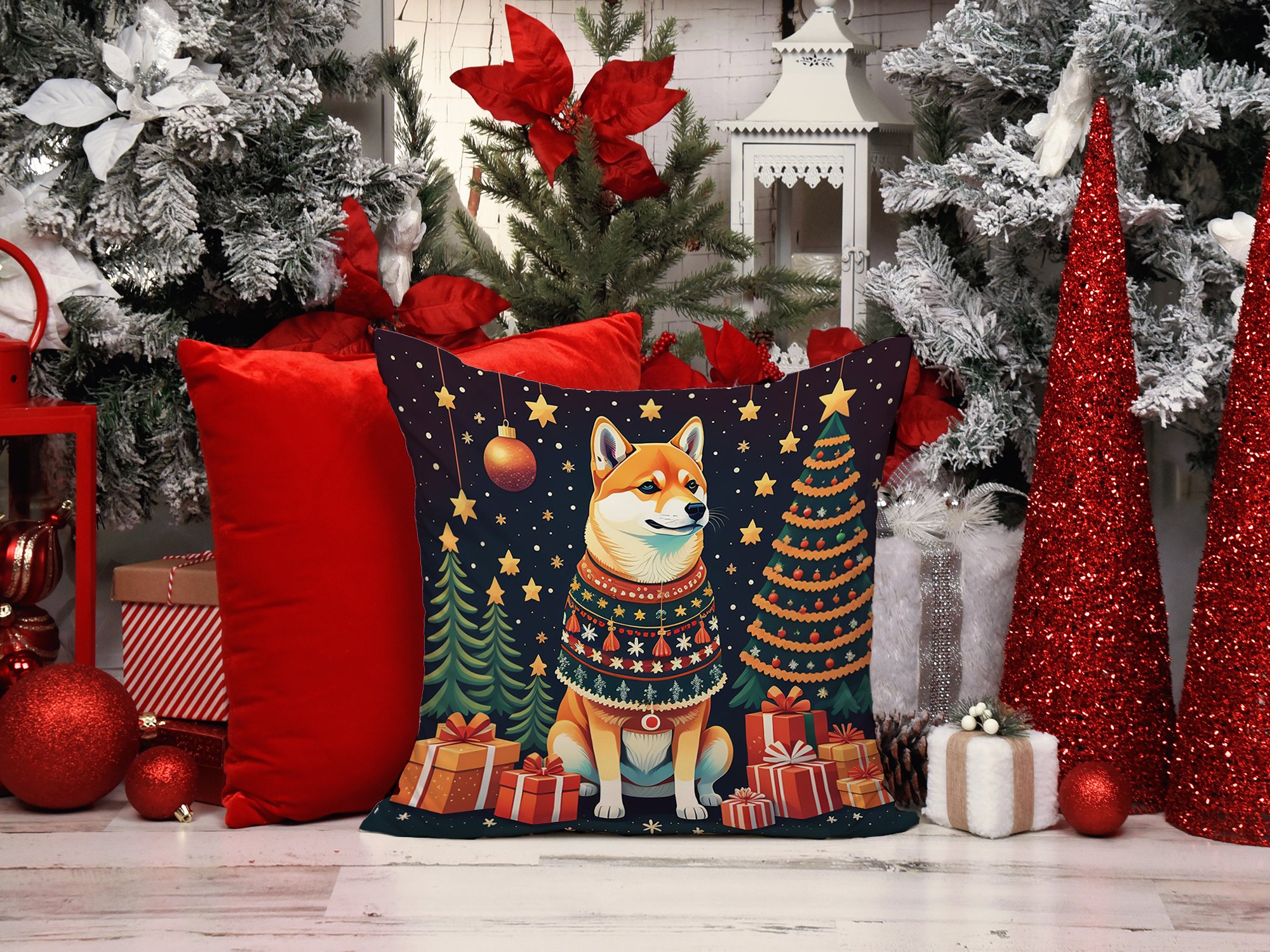 Shiba Inu Christmas Fabric Decorative Pillow 18 in x 18 in